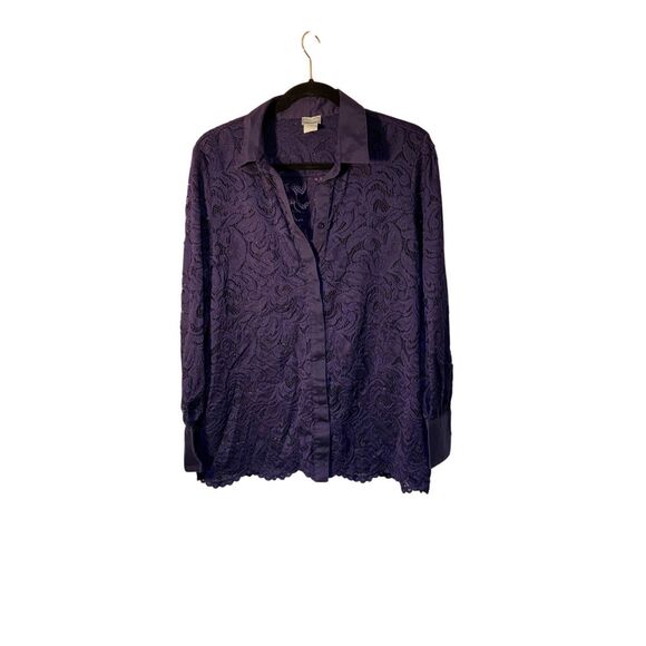 Chicos women’s navy blue lace long sleeve button down blouse S/2 - Picture 2 of 4